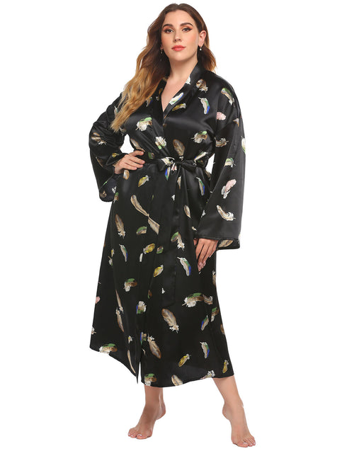 Long Robes For Women Flower Print Bathrobe V-neck Silk Sleepwear - ROUTINE FASHION