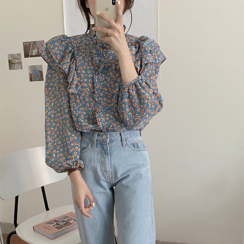 French Retro Floral Blouse Women Wood Ear Shirt Women - ROUTINE FASHION