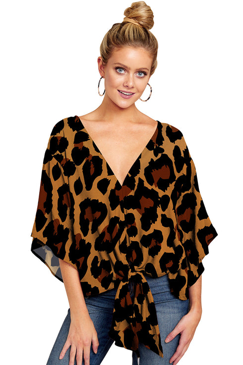 New V Neck Blouse Women Leopard Print Shirts Floral Tie Front Blouses Batwing Summer Oversize Ladies Tops - ROUTINE FASHION