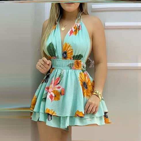 Women Blue Printed Suspender Jumpsuit - ROUTINE FASHION