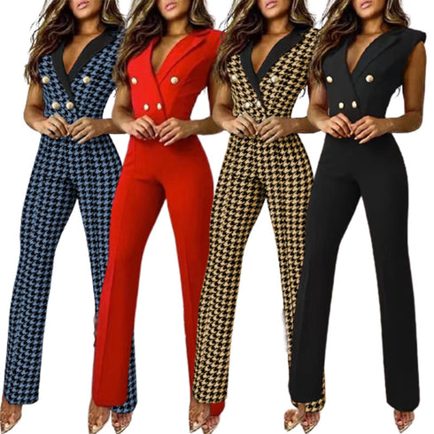 V-neck Houndstooth Jumpsuit Professional Wear Women - ROUTINE FASHION
