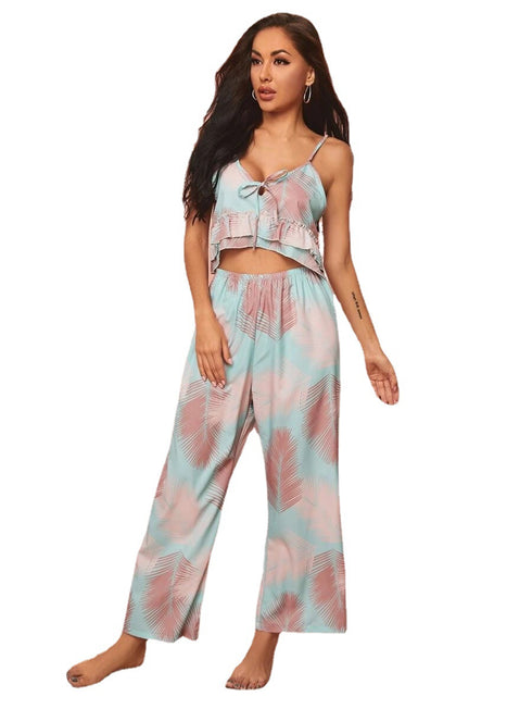 V-neck Sling Print Comfortable Pajama Set - ROUTINE FASHION