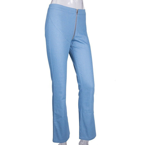 Zipper skinny jeans woman sexy light blue stretch denim pants club vintage bell bottom flare pants - ROUTINE FASHION