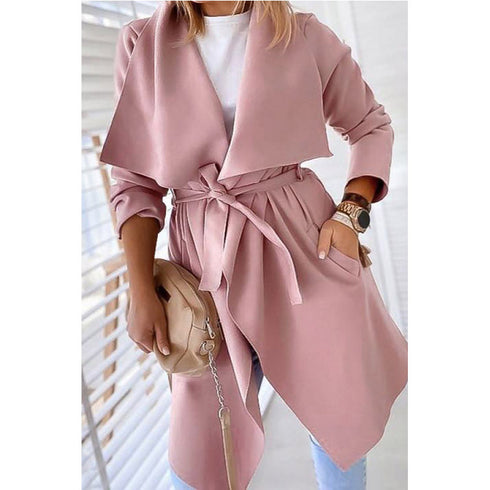 Lapel solid color long trench coat - ROUTINE FASHION