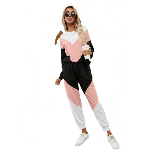 Colorblock Long Sleeve Trousers Elastic Waist Suit Women - ROUTINE FASHION