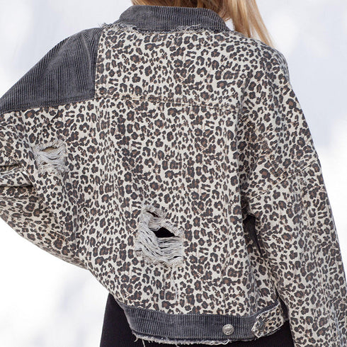 Leopard Stitching Corduroy Denim Women Jacket - ROUTINE FASHION