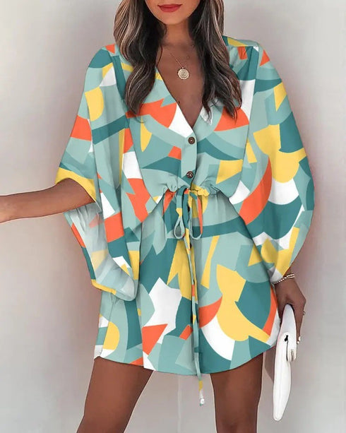 Women's V-Neck Tie Printed Beach Dress - ROUTINE FASHION