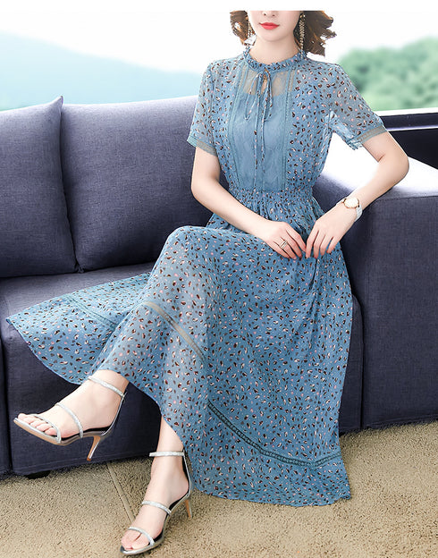 Chiffon Dress Summer Fairy Chic Gentle Short-sleeved Mid-length Floral Skirt - ROUTINE FASHION