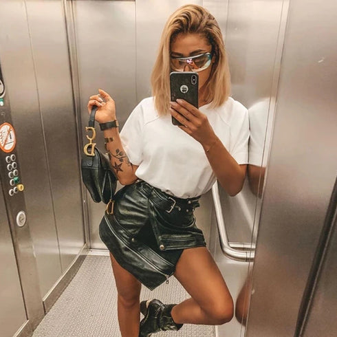 Irregular belt motorcycle leather skirt - ROUTINE FASHION