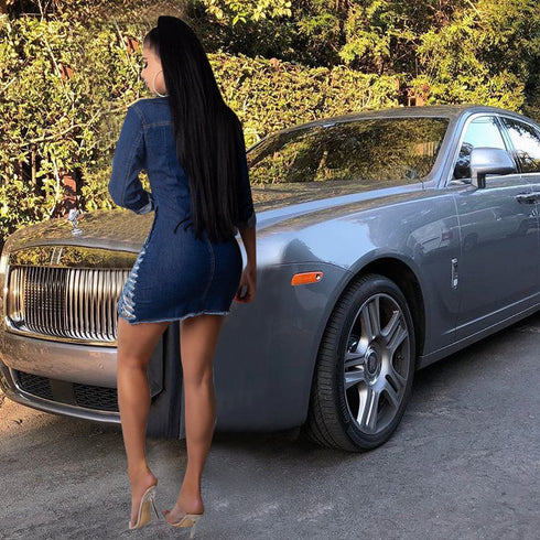 Shredded denim dress denim casual dress - ROUTINE FASHION