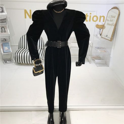 Puff sleeve velvet V-neck jumpsuit women - ROUTINE FASHION