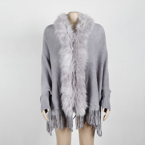Fringed cloak shawl fur collar cape cardigan women - ROUTINE FASHION