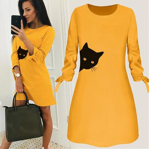 Women Elegant Dress Cat Print Bow O Neck Long Sleeve Party Mini Dresses Casual Ladies Elegant Dress Autumn Spring Dresses - ROUTINE FASHION
