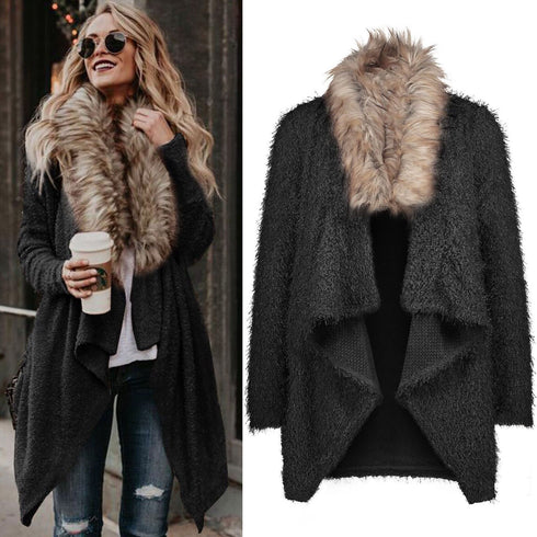 Fur collar cardigan plush trench coat - ROUTINE FASHION