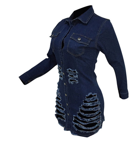 Shredded denim dress denim casual dress - ROUTINE FASHION