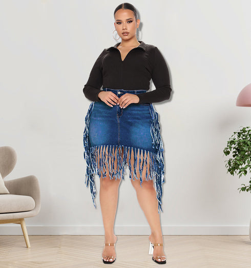 Women's Spring Denim Skirt With Fringe - ROUTINE FASHION