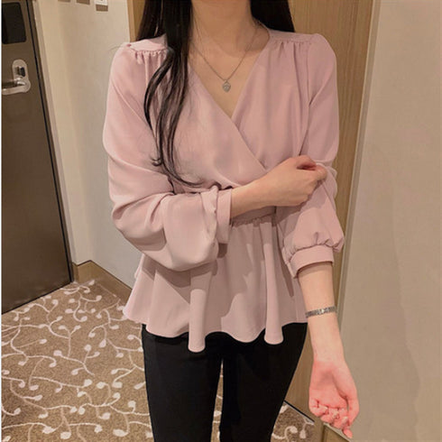 Solid Color Waist Long-sleeved Small Shirt Blouse - ROUTINE FASHION