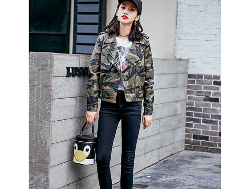 Lapel Short Camouflage Leather Bomber Jacket - ROUTINE FASHION