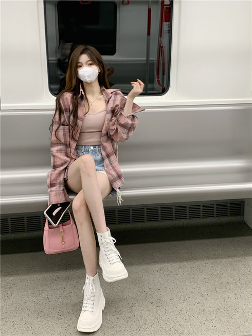 Polo Collar Plaid Shirt Jacket Women's - ROUTINE FASHION