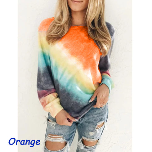 Fashion Tie Dye Rainbow Casual Long Sleeve T-shirt for Women - ROUTINE FASHION