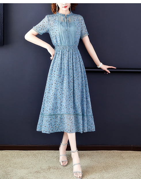 Chiffon Dress Summer Fairy Chic Gentle Short-sleeved Mid-length Floral Skirt - ROUTINE FASHION
