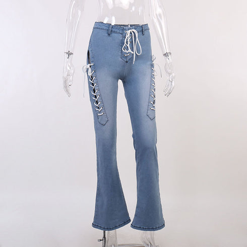 Cutout Statement Strapping Straight Leg Flared Jeans - ROUTINE FASHION