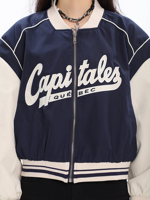 American Retro Contrast Letter Embroidery Loose Sports Bomber - ROUTINE FASHION