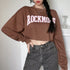 Harajuku Letter Printed Brown Cropped Sweatshirt Women Tops - ROUTINE FASHION