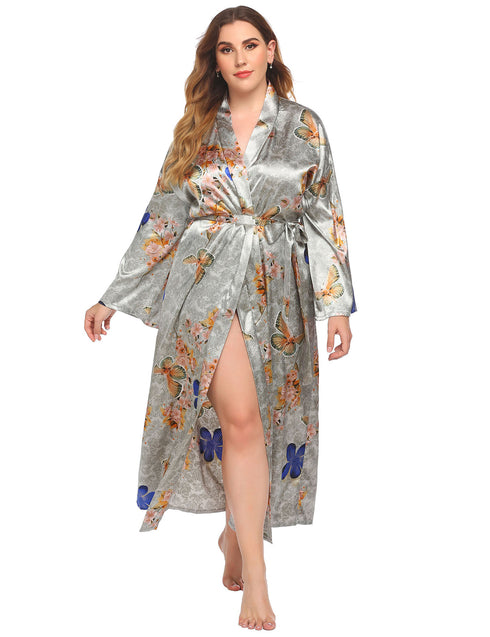 Long Robes For Women Flower Print Bathrobe V-neck Silk Sleepwear - ROUTINE FASHION