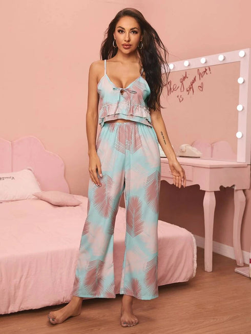 V-neck Sling Print Comfortable Pajama Set - ROUTINE FASHION