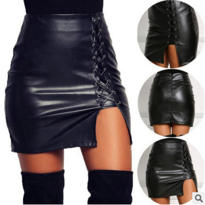 Black Lace Up PU Leather Skirts - ROUTINE FASHION