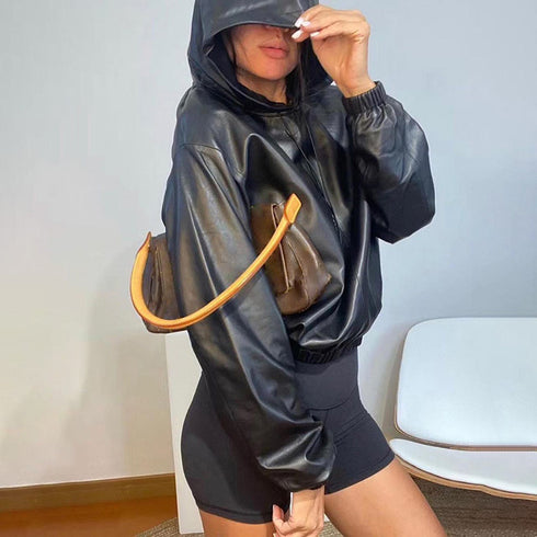 Women's Leather Versatile Round Neck Hoodie - ROUTINE FASHION