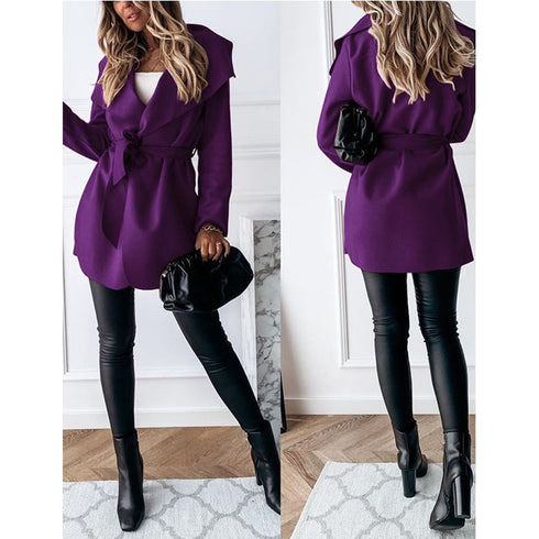 Lapel solid color long trench coat - ROUTINE FASHION