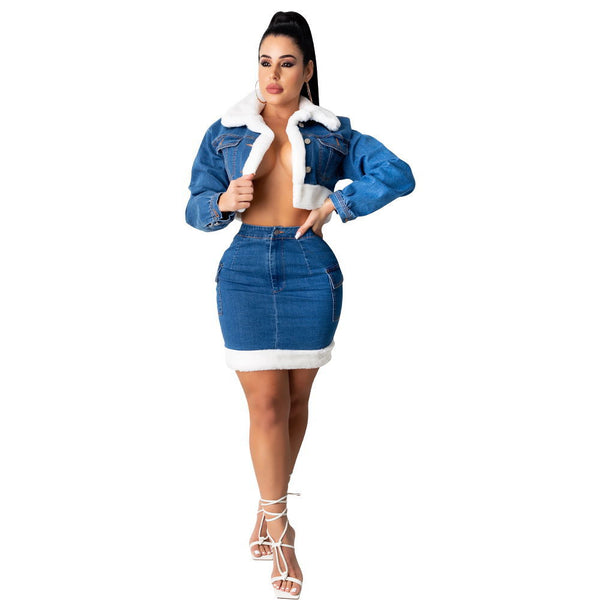 Denim Skirt Plush Denim Two-piece Suit - ROUTINE FASHION