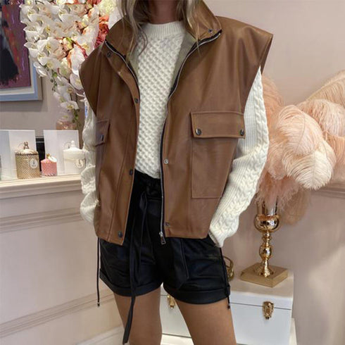 Sleeveless PU Leather Jacket Loose Waistcoat Women's - ROUTINE FASHION