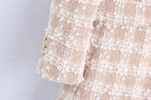 Lapel Long Sleeved Double Breasted Check Blazer Women - ROUTINE FASHION