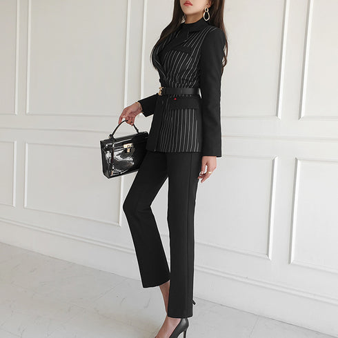 Women Set New Striped Blazer Slim Pants - ROUTINE FASHION