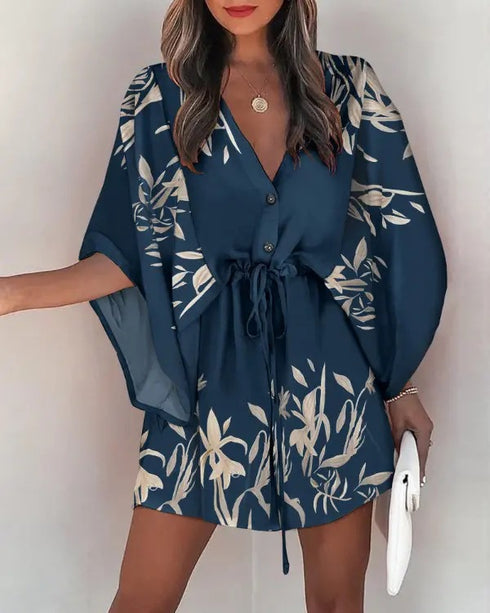 Women's V-Neck Tie Printed Beach Dress - ROUTINE FASHION