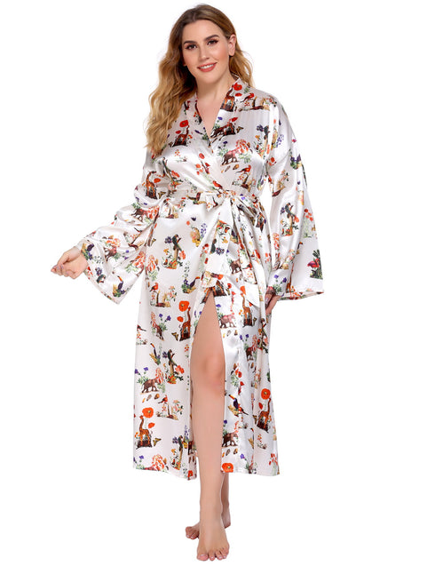 Long Robes For Women Flower Print Bathrobe V-neck Silk Sleepwear - ROUTINE FASHION