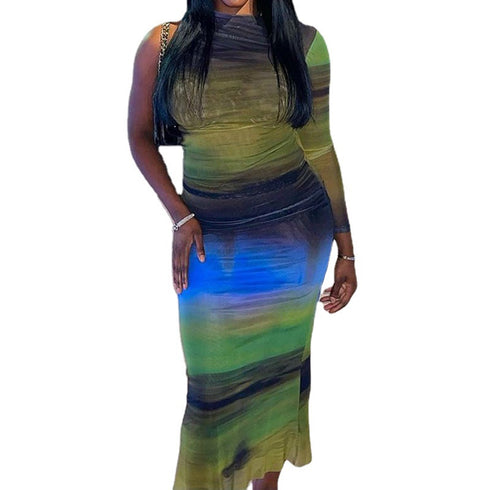 Long Sleeve Printed Medium Length Pencil Skirt - ROUTINE FASHION