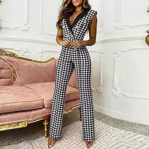 V-neck Houndstooth Jumpsuit Professional Wear Women - ROUTINE FASHION