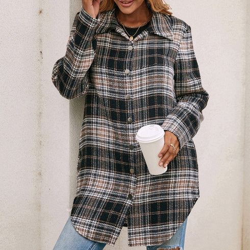 Women's Loose Casual Plush Plaid Shirt Jacket - ROUTINE FASHION