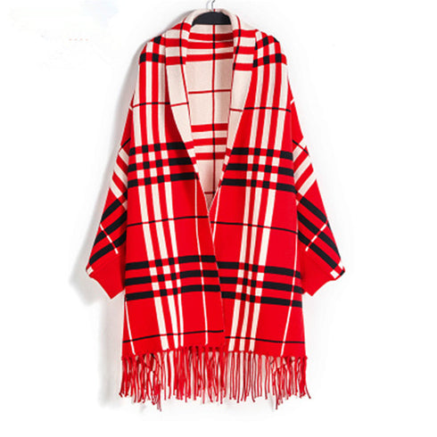 Plaid Mid-length Cardigan Women's Knitted Tassel Shawl Coat Women - ROUTINE FASHION