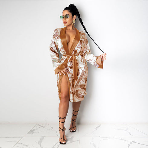 Printed Loose Robe Bathrobe Cardigan Housewear - ROUTINE FASHION