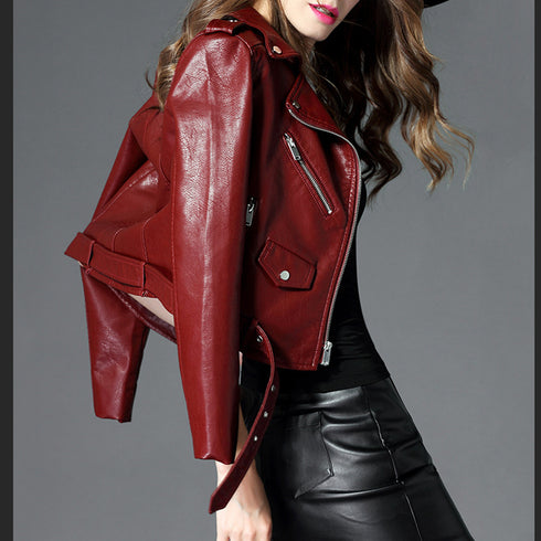 Women's Short Slim PU Leather Jacket - ROUTINE FASHION