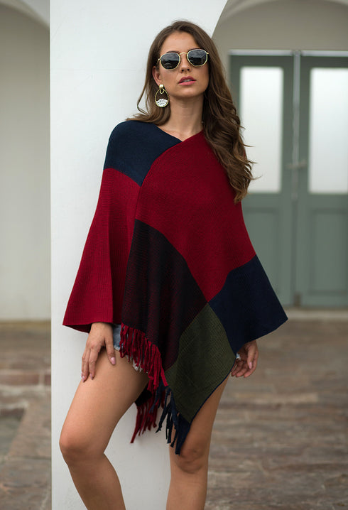 Shawl cape fringed colorblock women's coat - ROUTINE FASHION