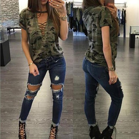 Women Camouflage V-neck Short sleeve T-shirt - ROUTINE FASHION