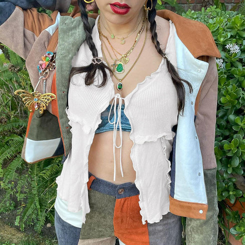 Spice Girls Tie V-Neck Cardigan Long Sleeve Top Women - ROUTINE FASHION