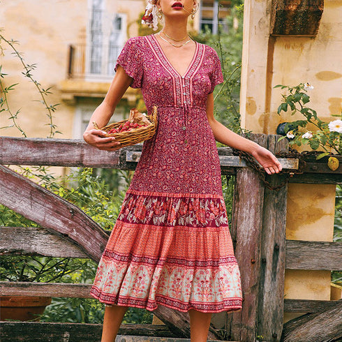 Printed V-neck holiday maxi skirt - ROUTINE FASHION