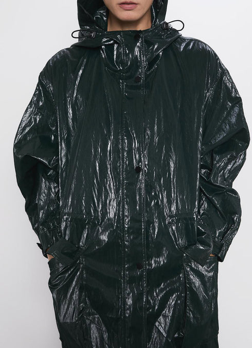 Women's pleated shiny parka casual long trench coat - ROUTINE FASHION